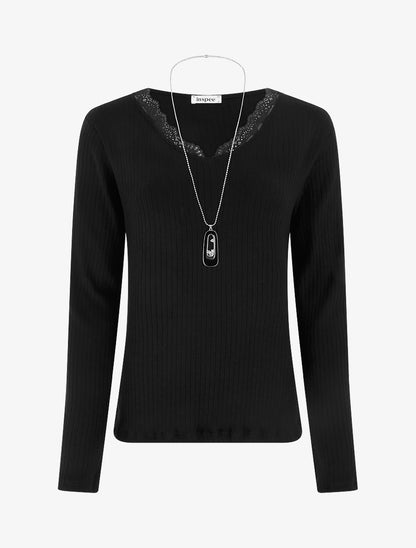 Pull côtelé à col V à dentelle - Noir - 1