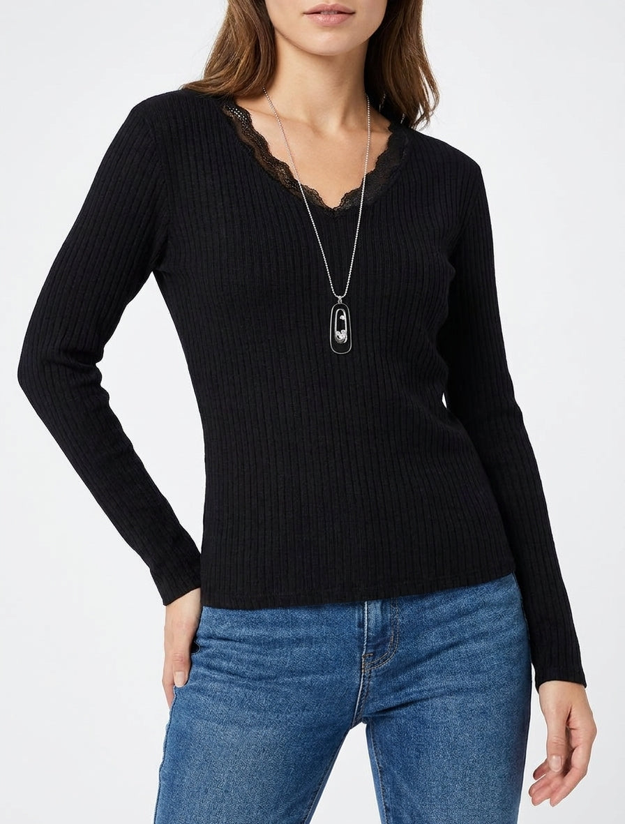 Jersey acanalado con cuello en V de encaje - Negro