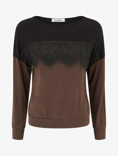 Pull bicolore à empiècment dentelle - Marron - 1