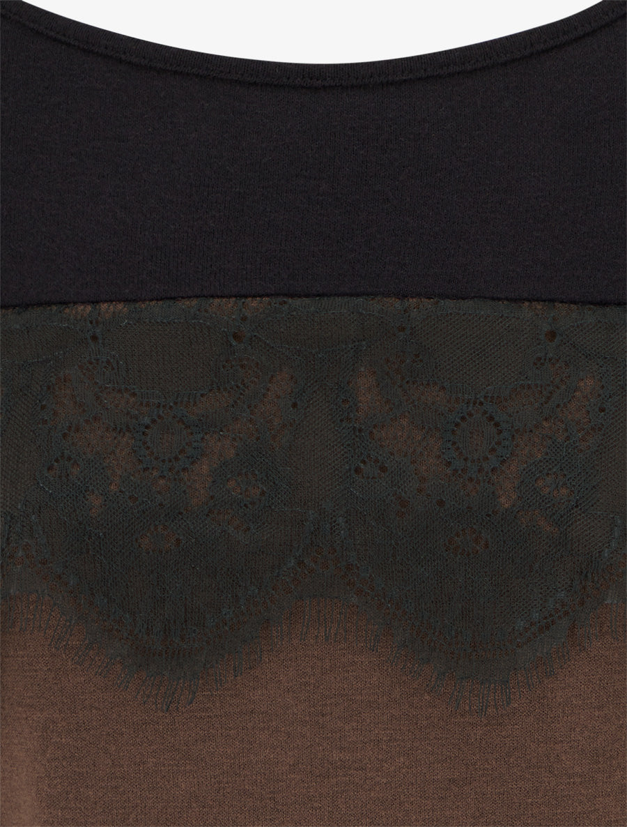 Pull bicolore à empiècment dentelle - Marron - 3