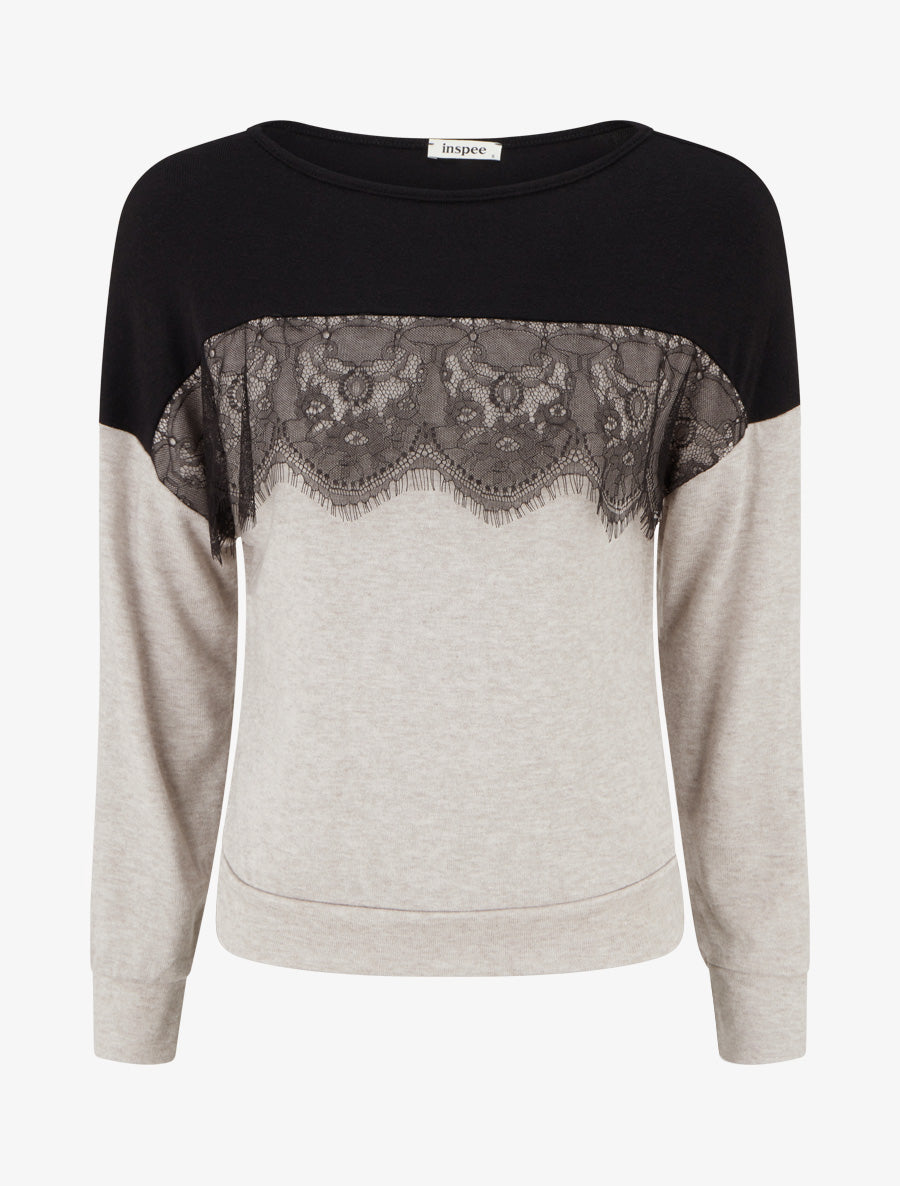Pull bicolore à empiècment dentelle - Beige - 1