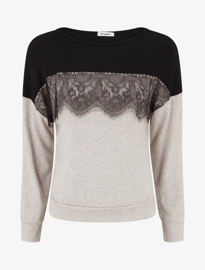 Pull bicolore à empiècment dentelle - Beige - 1
