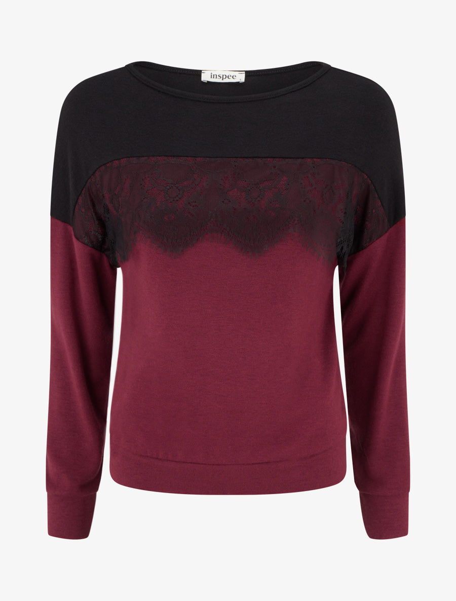 Pull bicolore à empiècment dentelle - Lie de vin - 1
