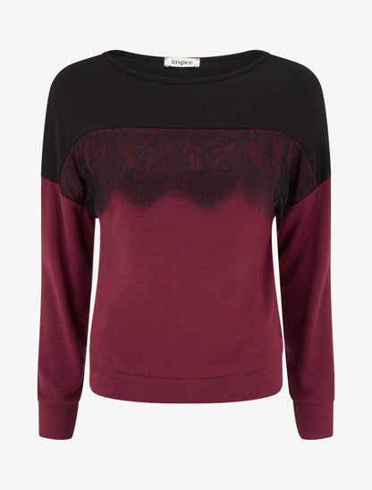 Pull bicolore à empiècment dentelle - Lie de vin - 1