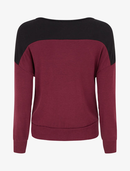 Pull bicolore à empiècment dentelle - Lie de vin - 2