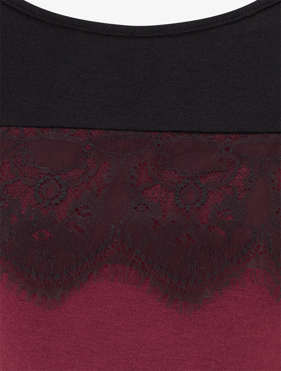 Pull bicolore à empiècment dentelle - Lie de vin - 3