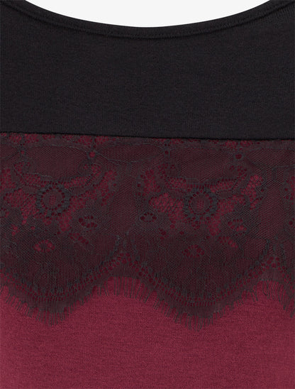Pull bicolore à empiècment dentelle - Lie de vin - 3