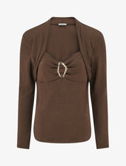 Pull à col carré effet drapé à bijou - Marron - 1
