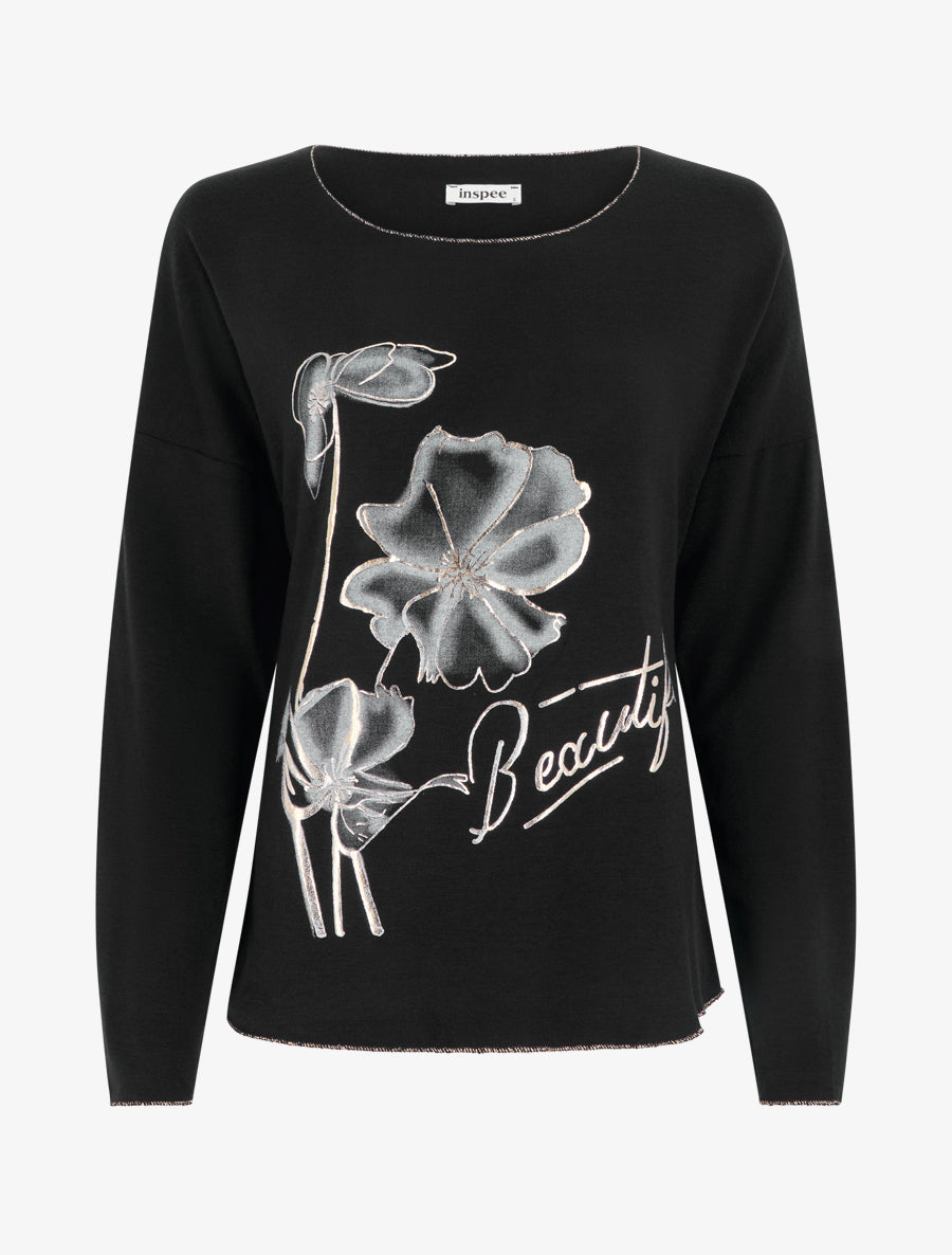 Pull fin à motif fleurs et message - Noir - 1