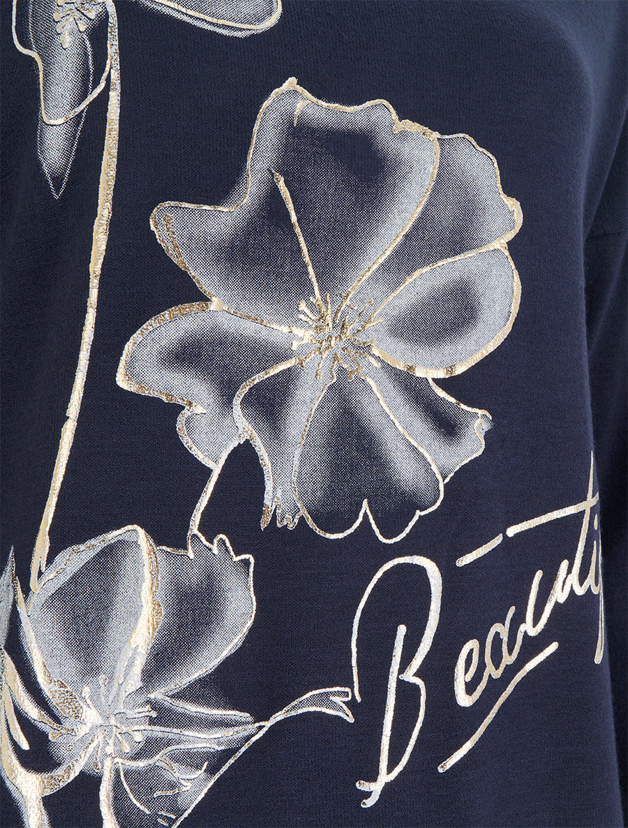 Pull fin à motif fleurs et message - Marine - 3