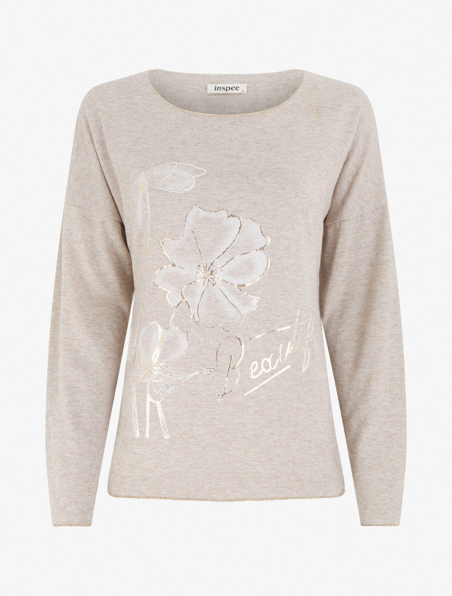 Pull fin à motif fleurs et message - Beige - 1