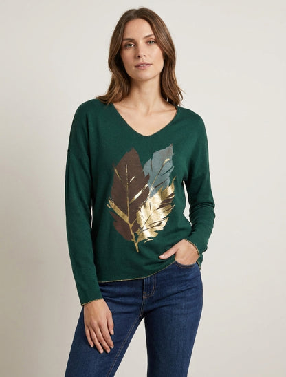 Suéter fino con estampado de plumas irisadas - Verde oscuro