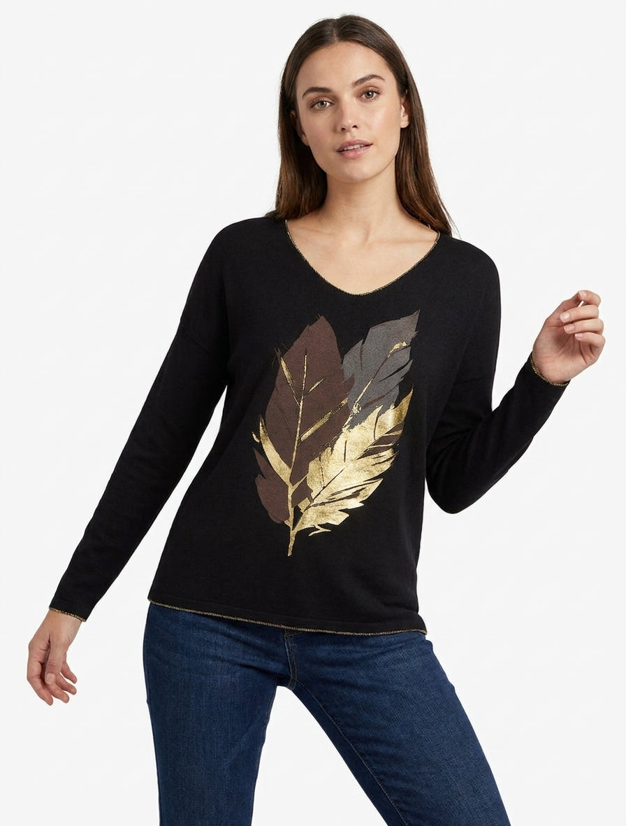 Suéter fino con estampado de plumas irisadas - Negro