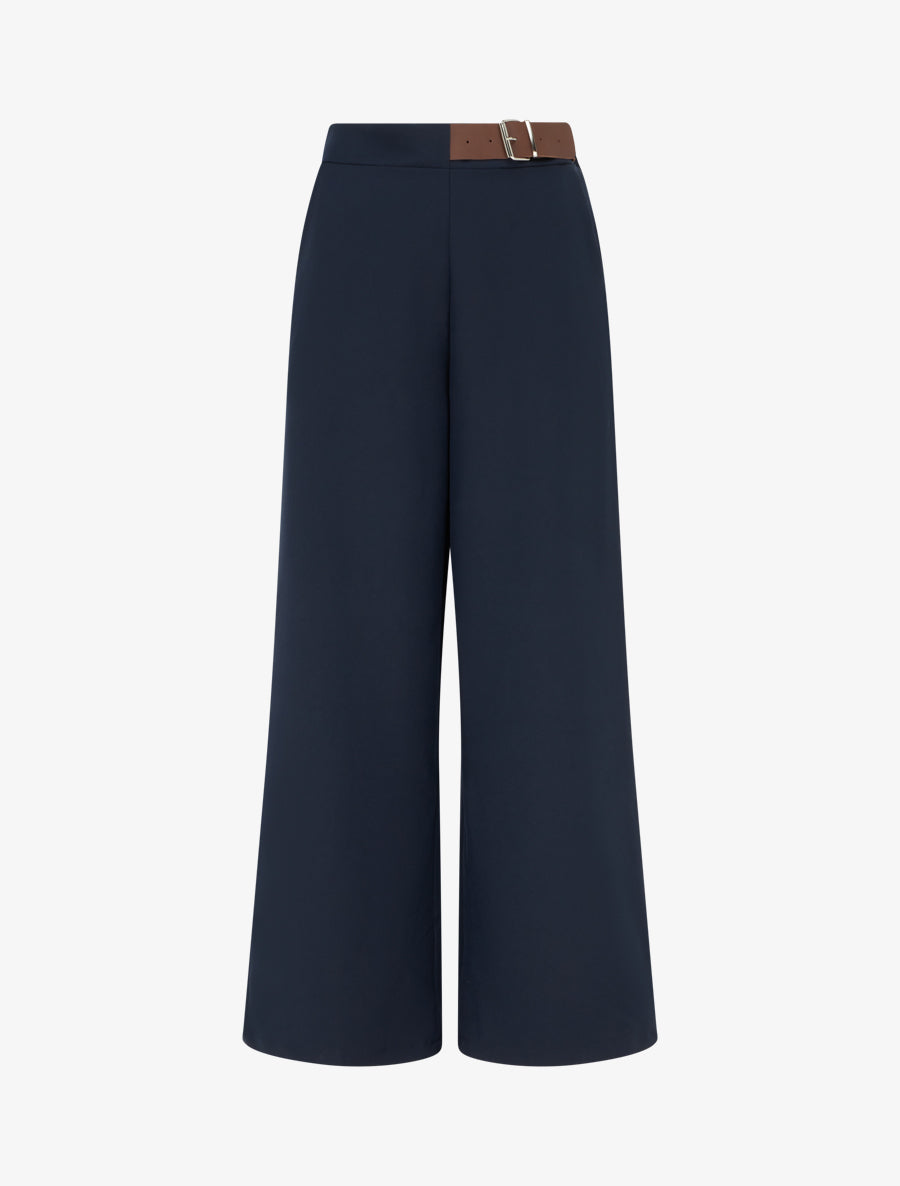 Pantalon ample taille haute à ceinture décorative - Marine - 1