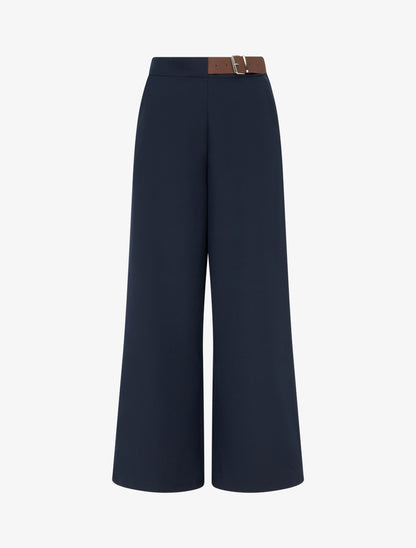 Pantalon ample taille haute à ceinture décorative - Marine - 1
