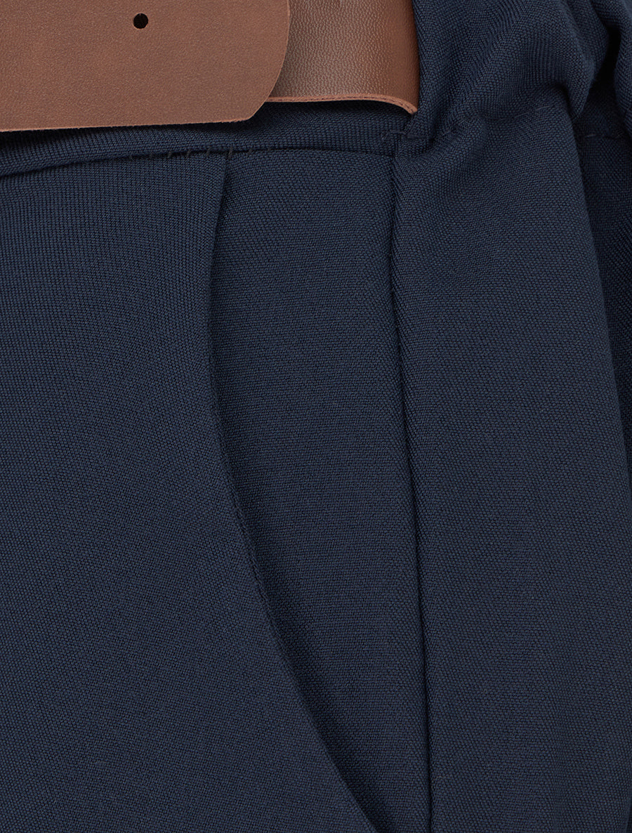 Pantalon ample taille haute à ceinture décorative - Marine - 3