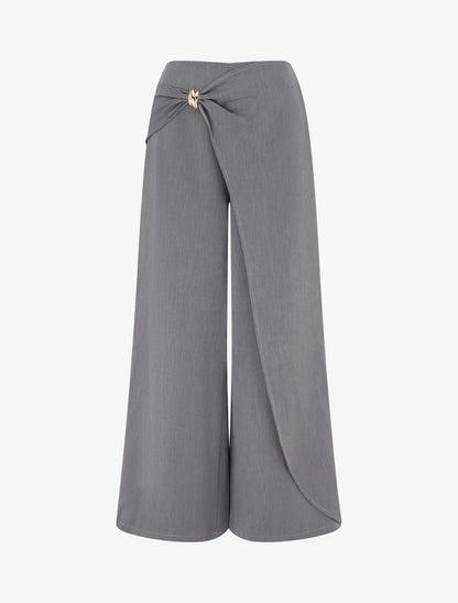 Pantalon ample à pan et bijou métallique - Gris - 1