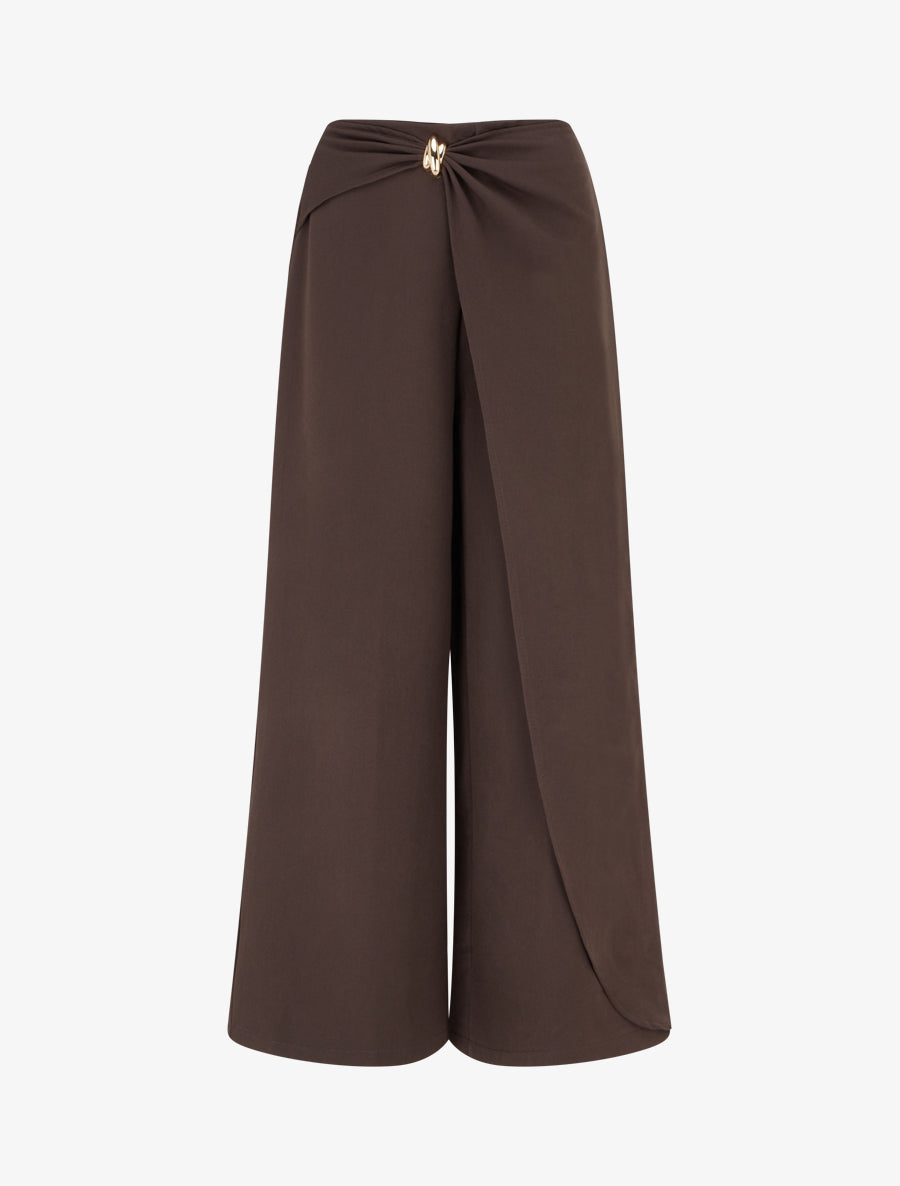 Pantalon ample à pan et bijou métallique - Marron - 1