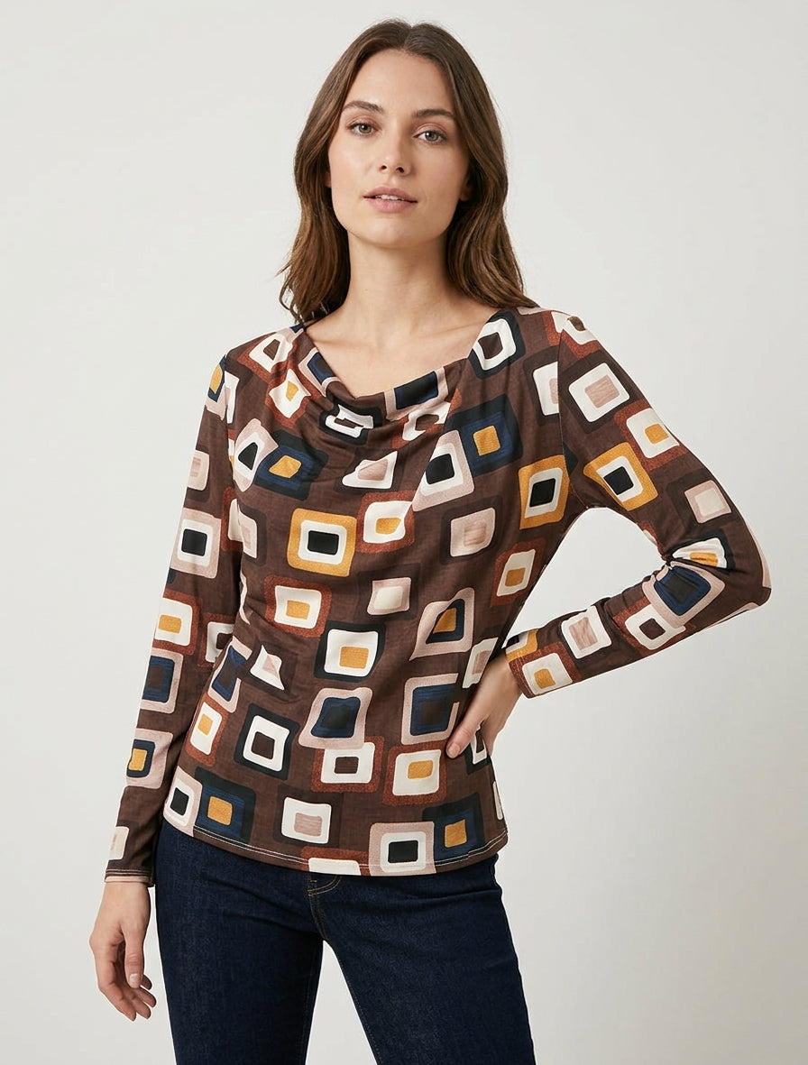 Top estampado retro con cuello drapeado - Marrón