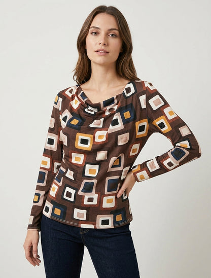 Top estampado retro con cuello drapeado - Marrón