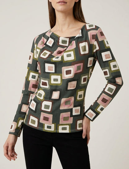 Top estampado retro con cuello drapeado - Caqui