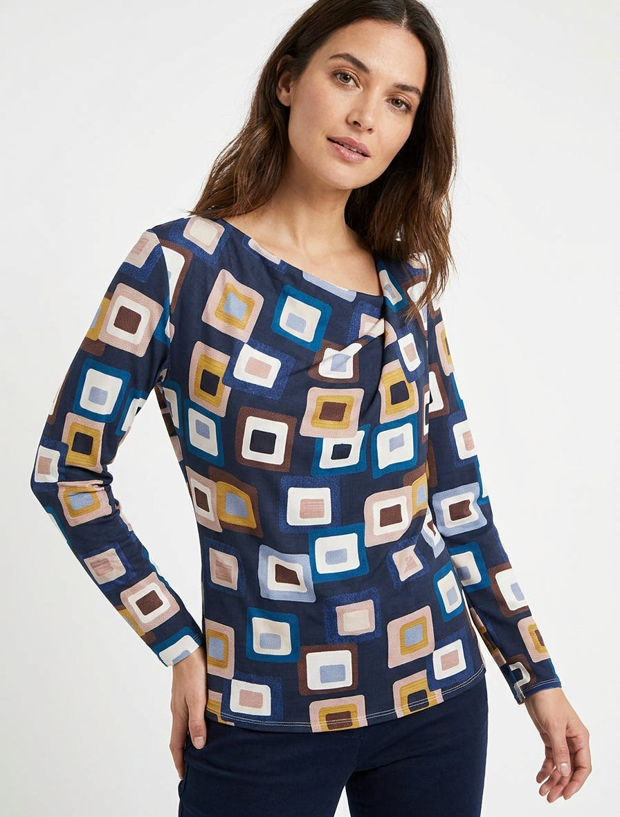 Top estampado retro con cuello drapeado - Marine