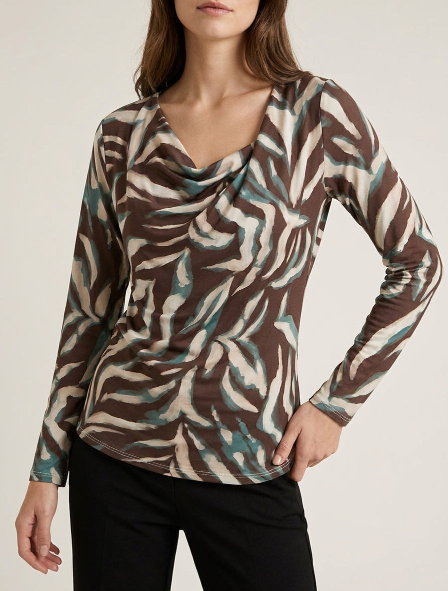 Top estampado abstracto con cuello drapeado - Marrón