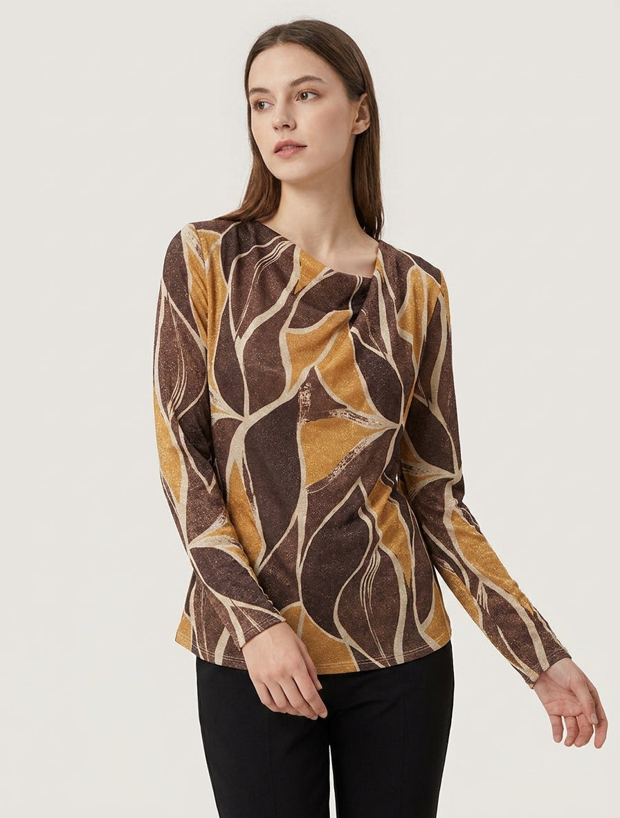 Top derecho iridiscente con estampado de hojas abstractas - Marrón