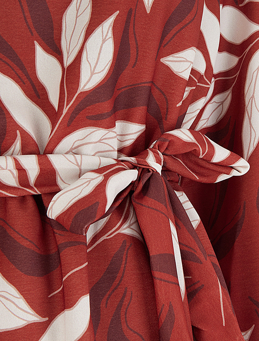 Blouse élastiquée à imprimé feuillage - Rouge - 3