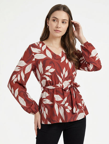 Blusa elástica con estampado de hojas - Rojo
