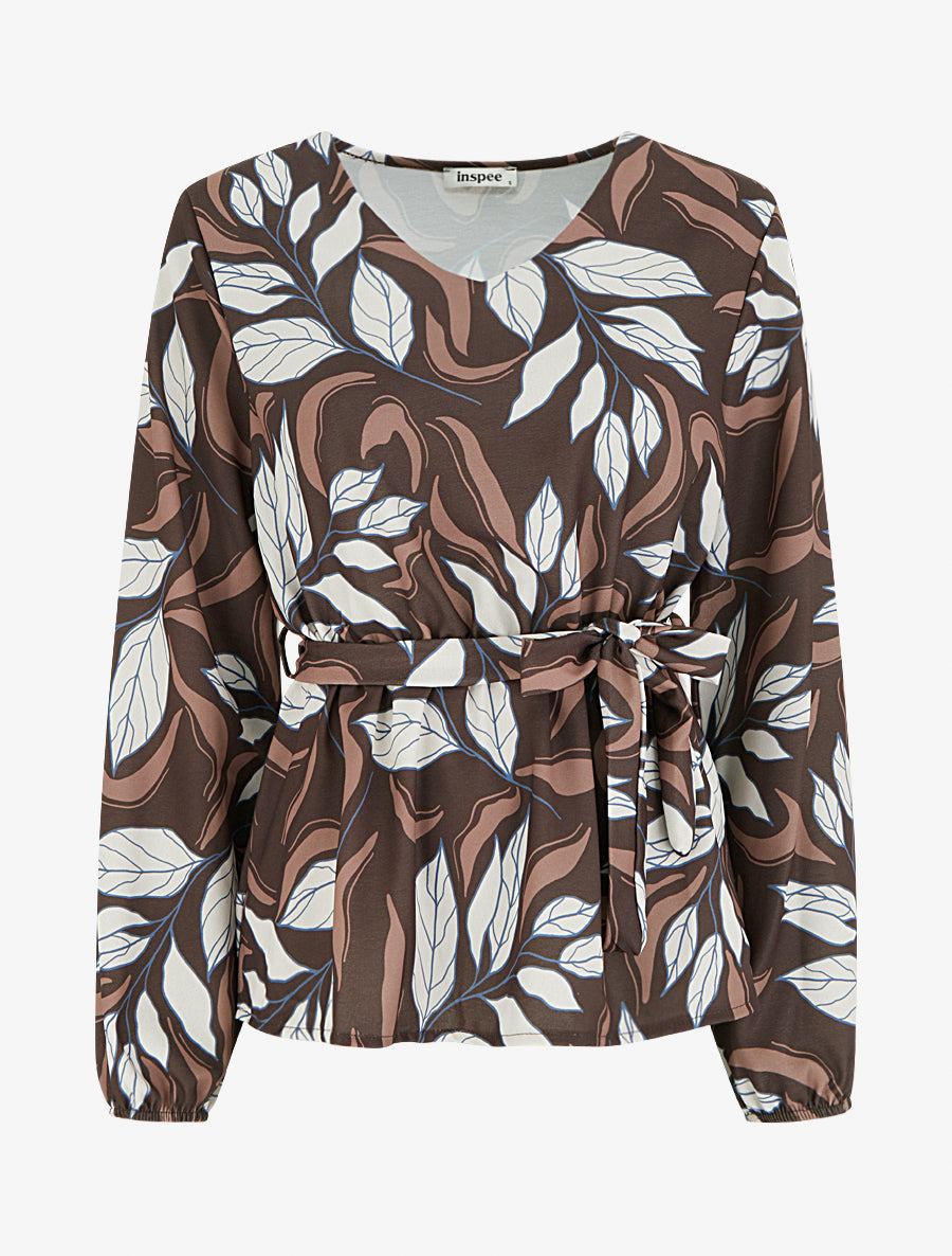 Blouse élastiquée à imprimé feuillage - Marron - 1
