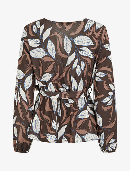 Blouse élastiquée à imprimé feuillage - Marron - 2
