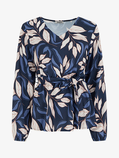 Blouse élastiquée à imprimé feuillage - Marine - 1