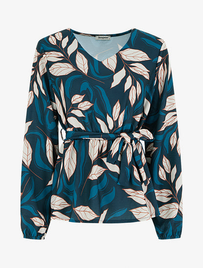 Blouse élastiquée à imprimé feuillage - Bleu canard - 1