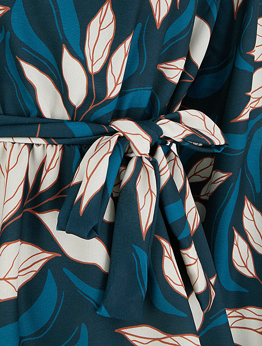 Blouse élastiquée à imprimé feuillage - Bleu canard - 3