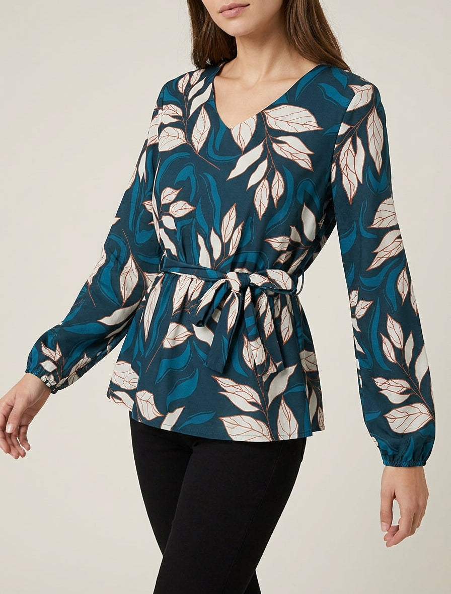 Blusa elástica con estampado de hojas - Azul pato