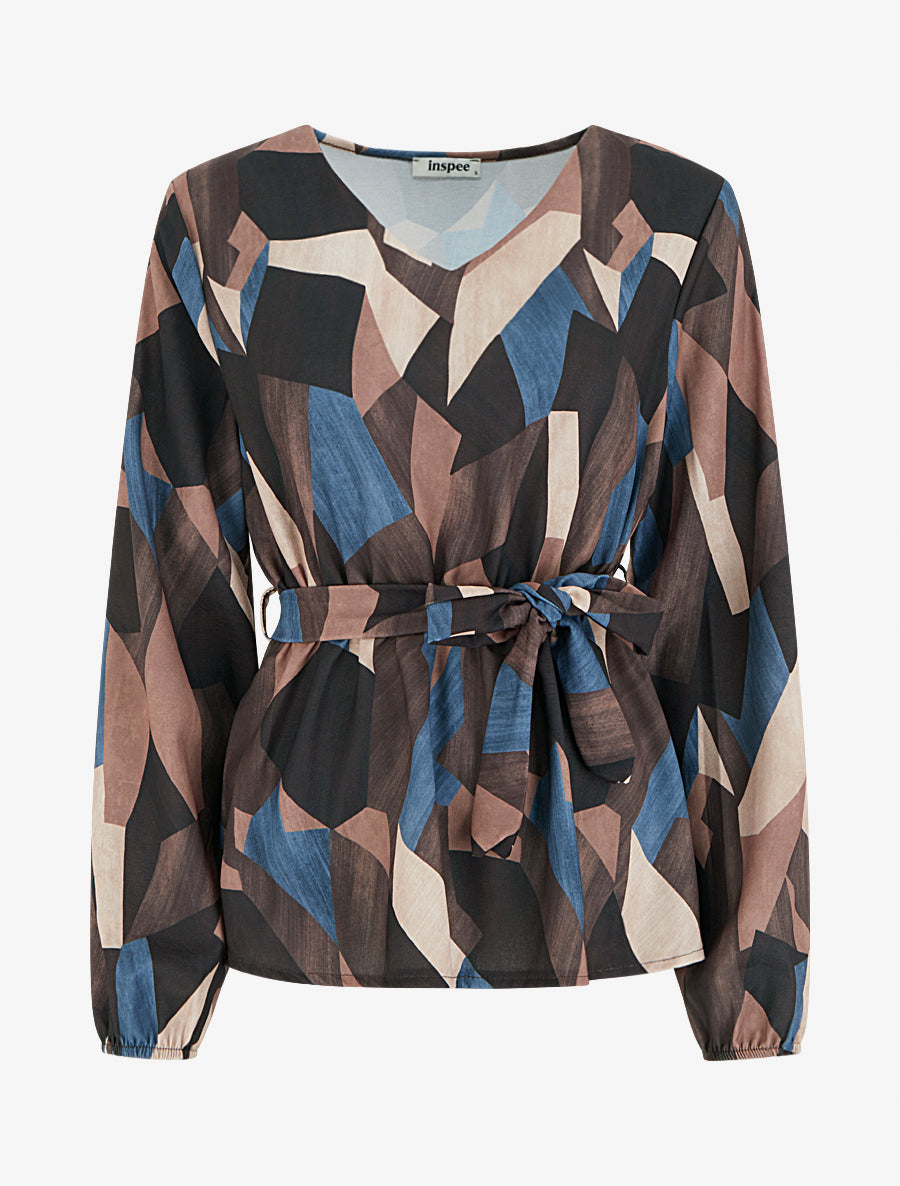 Blouse péplum à imprimé abstrait - Marron - 1