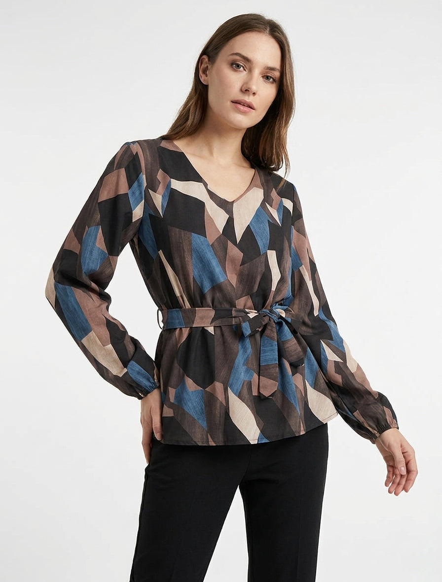 Blusa péplum con estampado abstracto - Marrón