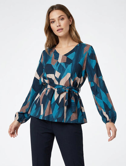 Blusa péplum con estampado abstracto - Azul pato