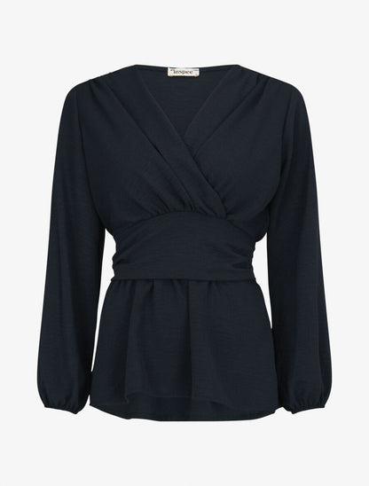 Blouse élastiquée à col V - Marine - 3