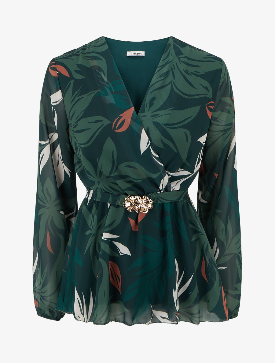 Top cache-coeur imprimé feuillage à bijou floral - Vert foncé - 1