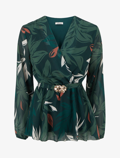 Top cache-coeur imprimé feuillage à bijou floral - Vert foncé - 1