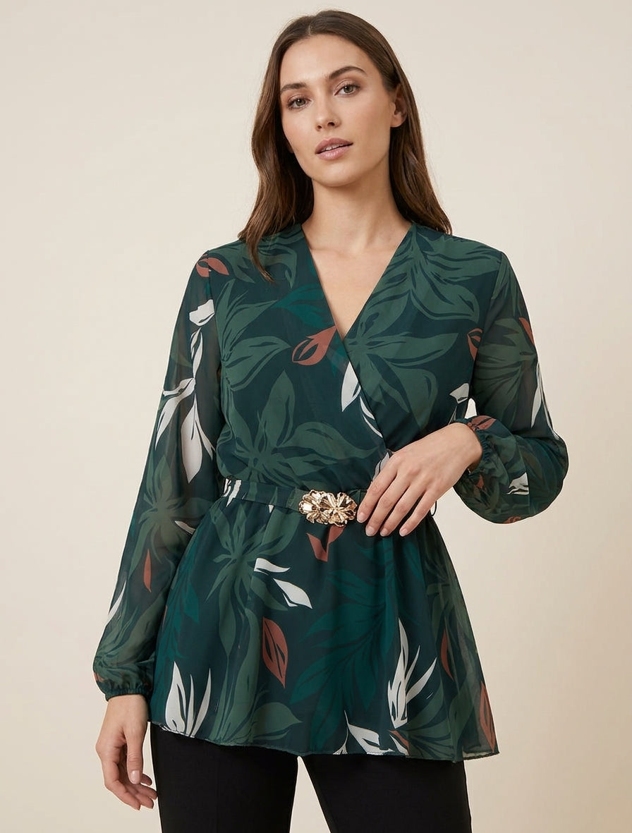 Top cruzado estampado de hojas con joya floral - Verde oscuro