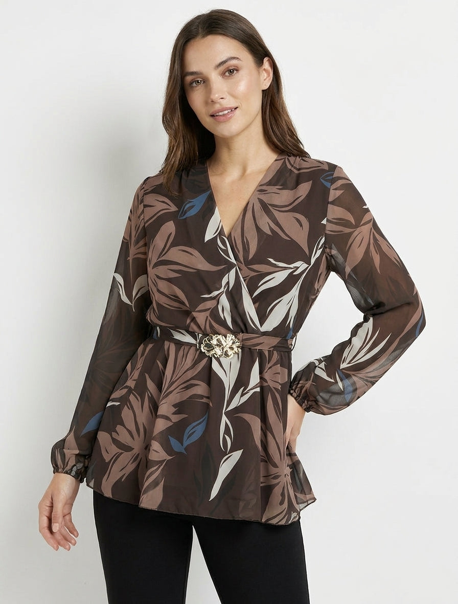 Top cruzado estampado de hojas con joya floral - Marrón