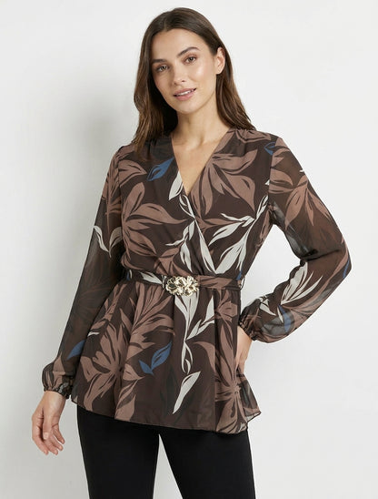 Top cruzado estampado de hojas con joya floral - Marrón