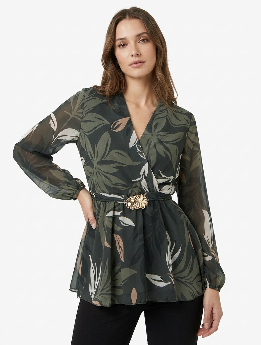 Top cruzado estampado de hojas con joya floral - Caqui