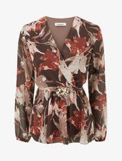 Top cache-coeur imprimé fleurs abstraites à bijou floral - Marron - 1