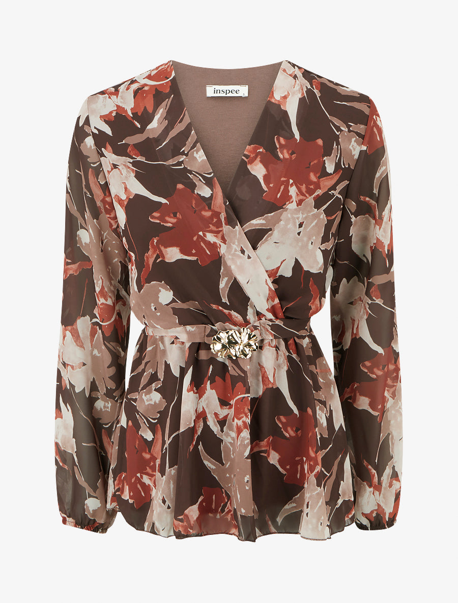 Top cache-coeur imprimé fleurs abstraites à bijou floral - Marron - 1
