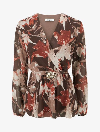 Top cache-coeur imprimé fleurs abstraites à bijou floral - Marron - 1