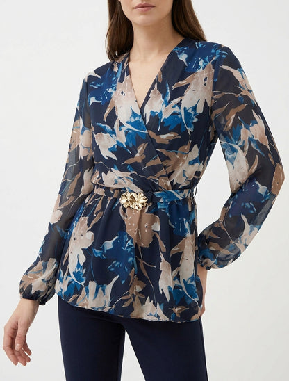 Top cruzado estampado flores abstractas con joya floral - Marine